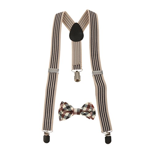 Baoblaze Kid Stretchble Y-back Suspender Plaid Bowtie Set Clip-on Suspensórios Cinto Unisex - Multic