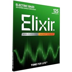 Elixir Strings, Custom Electric Bass Guitar Strings, Nickel Plated Steel with NANOWEB Technology, Longest-Lasting Warm Tone with Comfortable Feel, 5th String Single, Long Scale, Super Light B 125