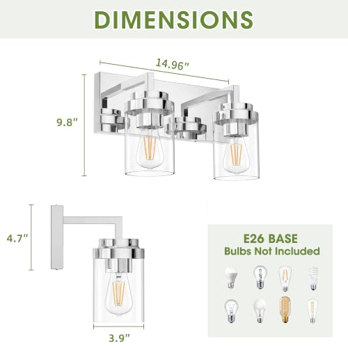 Image of Bathroom Vanity Fixtures, 2 Light Matte Chrome Vanity Light with Clear Glass Shade, 15in Farmhouse wall Light, Lighting Fixture Over Mirror for Bathroom