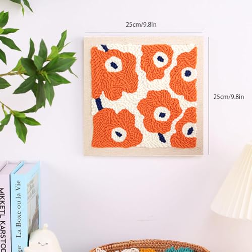 Image of Embroidery Punch Needle Kit Frame, Punch Needle Kits Adults Beginner, Embroidery Starter Kit, Needle Punch Tool with 9.8x9.8in Punch Needles Fabric with Pattern, Threader, Yarns, Pinch Needle (Orange)