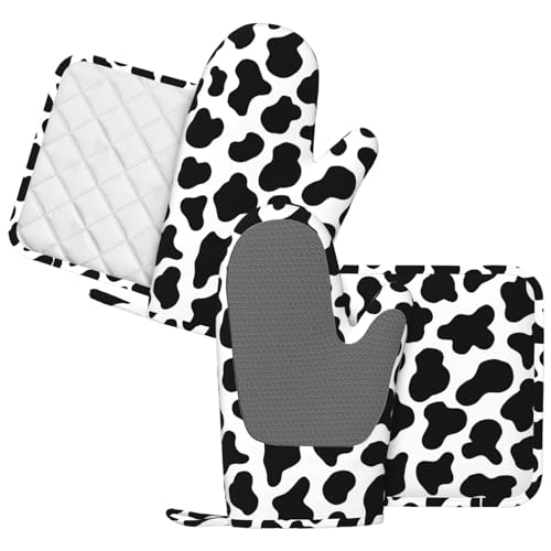 MIFSOIAVV Cow Print Oven Mitts and Pot Holders Sets Silicone Black White Cow Print Kitchen Mitts Potholders Heat Resistant 4Pcs Farmhouse Cowhide Oven Gloves Hot Pads for Kitchen Baking Cooking by MIFSOIAVV - Used condition - Image 2