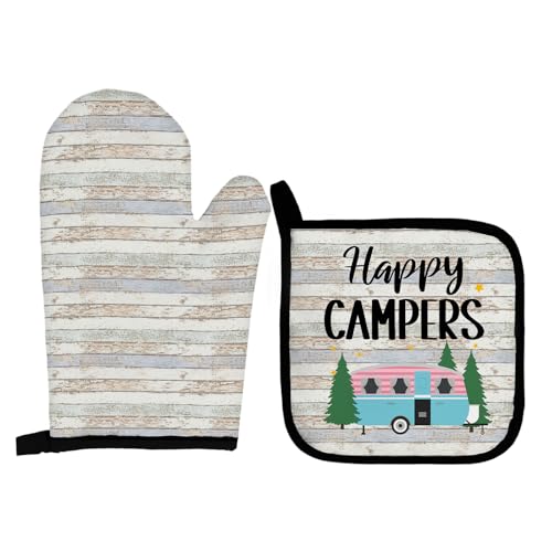 Qeheb Happy Camper - Conjunto de luvas de forno e suportes para panelas, presentes de acampamento para caravana, luvas de forno, luvas de cozinha para caravana, campismo, cozinha, para decoração de