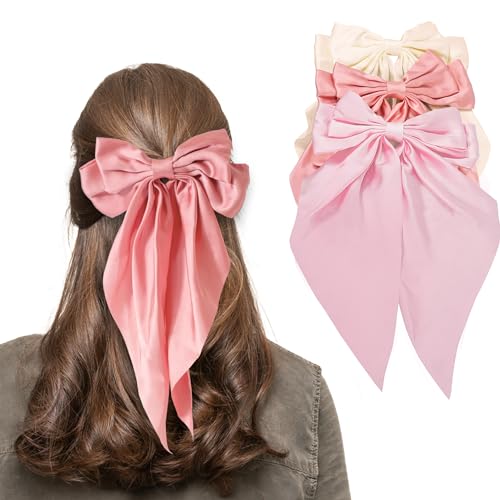HUFITION Hair Bow Clips, 3 PCS - Beige, Hot Pink, Light Pink, Satin Fabric and Metal, Accessories for Women's Hair