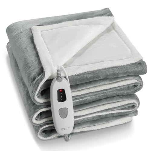 CURECURE Electric Heated Blanket Throw Soft Flannel Blanket with 4 Heating Levels and 6 Hours Auto Off, 130X180 cm Home Office Use Fast Heating Blanket, Detachable Switch Washable (Grey)