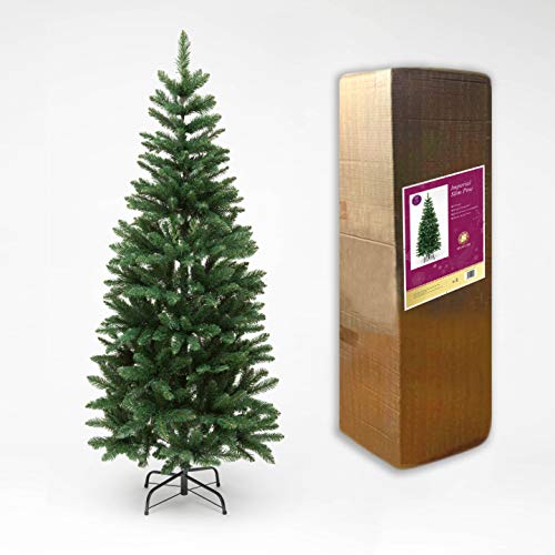 SHATCHI 8Ft/2.4mGreen Christmas Slim Pine Narrow Xmas Tree, 910 Pointed Tips, Metal Stand, Holiday Home Decorations, Green, 240 cm