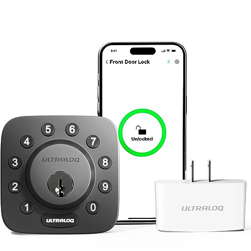 ULTRALOQ Smart Lock U-Bolt (Black) + Bridge WiFi Adaptor, 5-in-1 Keyless Entry Door Lock with WiFi, Bluetooth, App and Keypad, Smart Door Lock Front Door, Smart Deadbolt (Need Adapter)