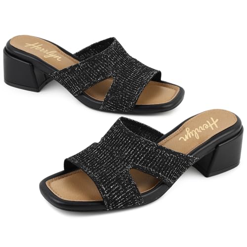 Herrlyn Heeled Mules for Women, Black Heeled Sandals Dressy, Comfortable Chunky Heels with Square Toe, Knitted Slip On Block Mules, Low Heel Breathable Slides Backless, Soft Sparkle Sandal Heels Size8.5 by Herrlyn - Used condition - Image 5