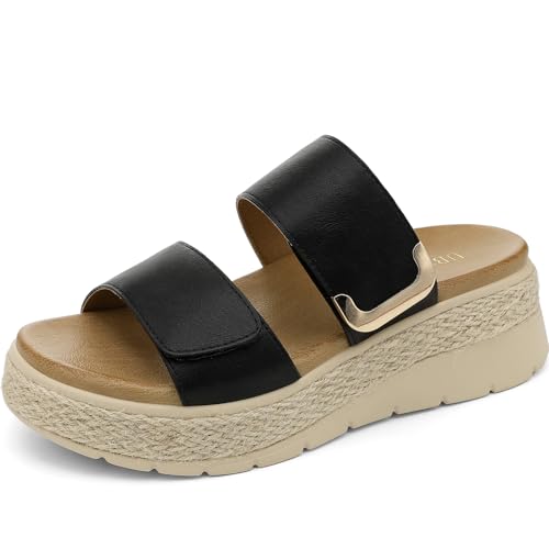 UBFEN Womens Platform Wedge Sandals Orthopedic Arch Support, Black, 6