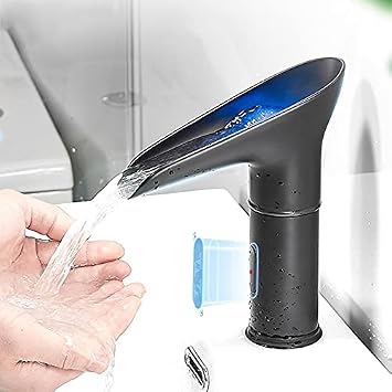 Bathroom Sink Tap Waterfall LED Basin Faucet, Electric Automatic Sensor Faucet, Touchless Sink Basin Hot Cold Mixer, Crane Taps Bathroom Faucet Basin Taps Color Black