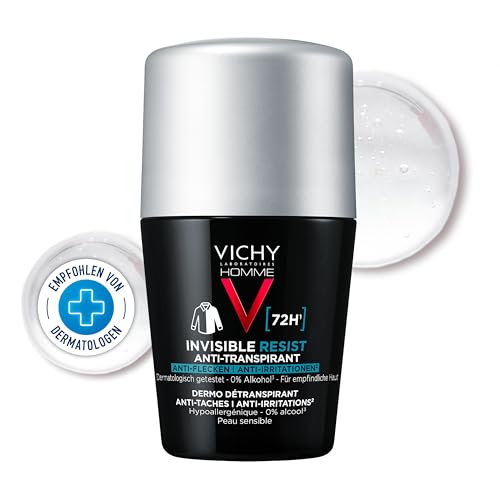 Vichy Homme Deo Roll-on 72h AT Invisible, Deo-Roll-on für Männer, Schweißhemmend, Besonders hautfreundlich, Keine Spuren auf der Kleidung, Ohne Alkohol, Für empfindliche Haut, 50 ml