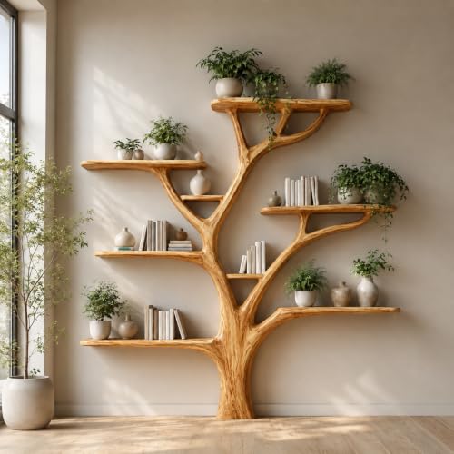 WAZARO Handcrafted Natural Wood Tree Branch Shelf, Rustic Live Edge Bookshelf for Living Room Bedroom, Custom Wood Corne