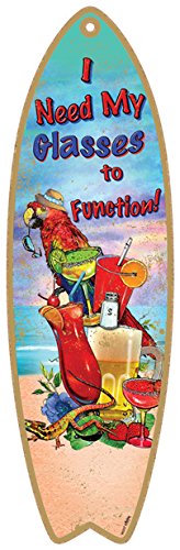 SJT ENTERPRISES, INC. I Need My Glasses - Parrot with a lot of Drinks 5" x 16" Surfboard Wood Plaque Featuring The Artwork of Michael Messina (SJT96207)