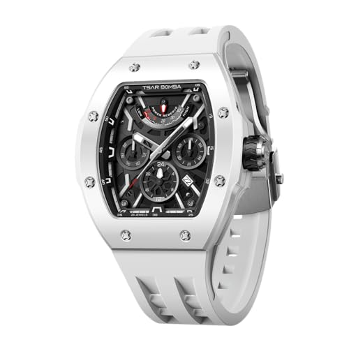 TSAR BOMBA Automatic Watch for Men Luxurious Tonneau Mechanical Mens Watch Atomic-Full Ceramic Edition 8222C-White