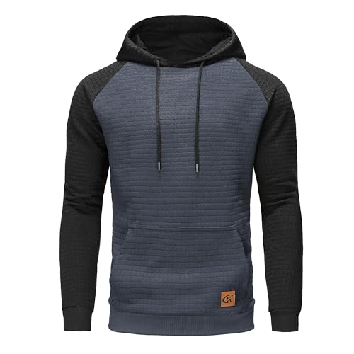 YuKaiChen Men's Hoodies Pullover Hooded Sweatshirts Long Sleeve Patchwork Plaid Jacquard Drawstring Casual Hoodie with Pockets Indigo-Black XL