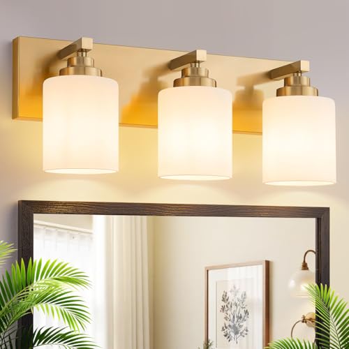 Image of Vanity Lights for Bathroom, 3-Light Brushed Gold Bathroom Vanity Light Over Mirror with Milky White Glass Shades, Modern Bathroom Light Fixtures for Living Room Hallway Cabinet (Bulbs Not Included)
