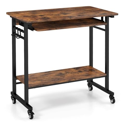 Costway Mobile Computer Desk w/Pull-Out Keyboard Tray, Compact Laptop Cart, Home Office Desk w/Lockable Wheels, Writing Workstation w/CPU Stand, Task Study PC Desk for Small Spaces, Bedroom, Study