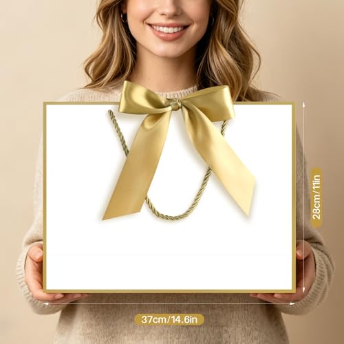 Image of JMANNI Gift Bags with Handles, 14.6 inch Large Gift Bags with Tissue Paper | 1 Pcs White Gold Bags, 2 Tissue Paper and 1 Cards, for Baby Shower, Wedding Bridal Shower, Birthday Party