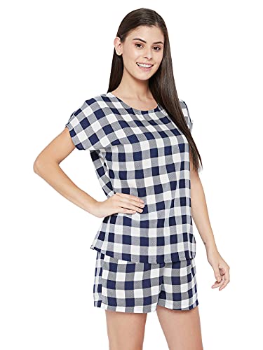 Image of Clovia Women's Crepe Classy Checks Button Down Shirt & Shorts Set - Blue