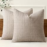 MIULEE Decorative Linen Check Throw Pillow Covers Neutral Farmhouse Vintage Pillow Covers 18x18 Set of 2 Boho Modern Home Decor for Sofa Couch Bedroom Cushion Natural Linen