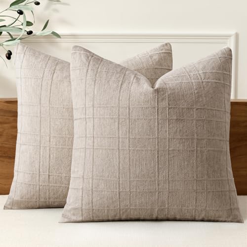 Image of MIULEE Decorative Linen Check Throw Pillow Covers Neutral Farmhouse Vintage Pillow Covers 20x20 Set of 2 Boho Modern Home Decor for Sofa Couch Bedroom Cushion Natural Linen