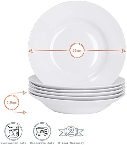 6X White Soup Bowls - 23cm (9") - Ceramic Dinner Plates Dish Set Cereal Soup Serving Noodle Bowl - Dishwasher and Microwave Safe - by Argon Tableware