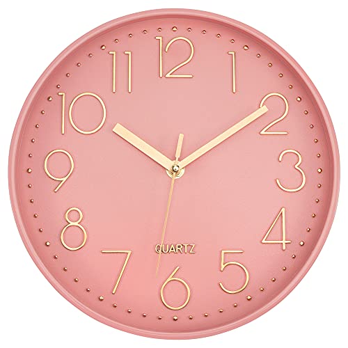 Lumuasky Pink Wall Clock Modern Battery Operated Analog Small Cute Silent Non-Ticking Decorative Clock for School Office Classroom Bedroom Kitchen Living Room Nursery Decor (10 inch)