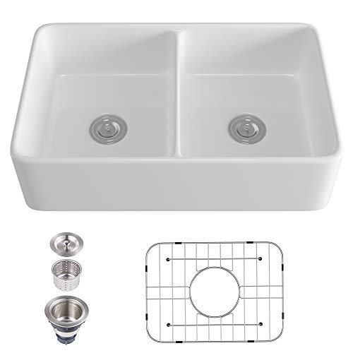 32 Inch White Ceramic Kitchen Sink, Rectangular Double Bowl, Flush Mount kitchen Sink with Overflow, 32-1/4 x 24 x 8 inch