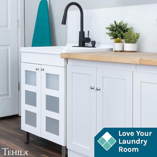 Image of Utility Sink with White Vanity Cabinet by JS Jackson Supplies, Black High-Arc Pull-Down Sprayer Faucet, Soap Dispenser and Spacious Vanity for Laundry Room