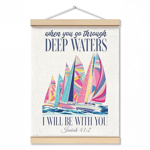 ZNGFON Boho Sailboat Christian Wall Decor 12x16, When You Go Through Deep Waters I Will Be With You Isaiah 43:2 Wall Art Poster with Wooden Frame, Boho Bible Verse Wall Hanging Home Decor