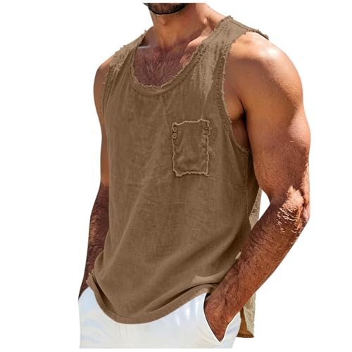 Image of Mens Distressed Cotton Linen Tank Tops Sleeveless Crew Neck Vest Tops Frayed T-Shirts Lightweight Summer Vests Breathable Soft Loose Fit Solid Colour Casual Basic Tees with Chest Pocket Khaki
