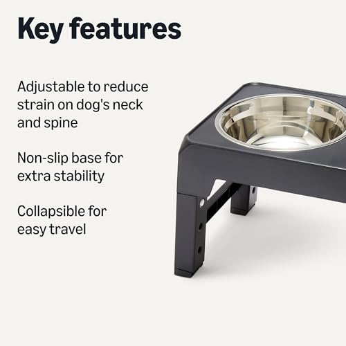 Amazon Basics Elevated Dog Bowls Stand, Height Adjustable Raised Pet Feeder Dish Station with Non-Slip Base, Stainless Steel Bowls, 17.3 x 9.4 x 12 in, Black by Amazon Basics - Used condition - Image 2