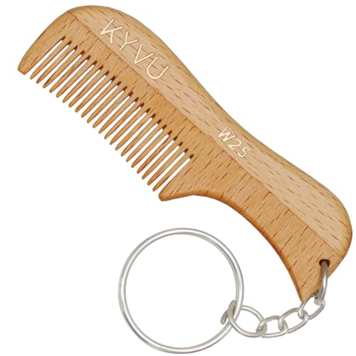 KYVU W25 Peigne à moustache et barbe avec porte-clés – Peigne de poche fait à la main pour homme – 7,5 cm – Bois de hêtre – Finition naturelle – Design facile à transporter