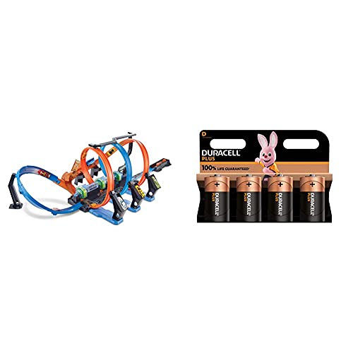 Hot Wheels Triple Looping, Pista de Coches de Juguete (Mattel FTB65) + Duracell - Nuevo Pilas alcalinas Plus D, 1.5 Voltios LR20 MN1300, Paquete de 4