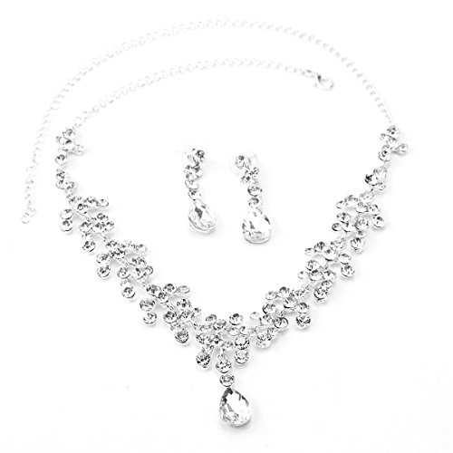 UEETEK Rhinestone Wedding Bridal Rhinestone Crystal Necklace Earring Jewelry Set (Sliver)