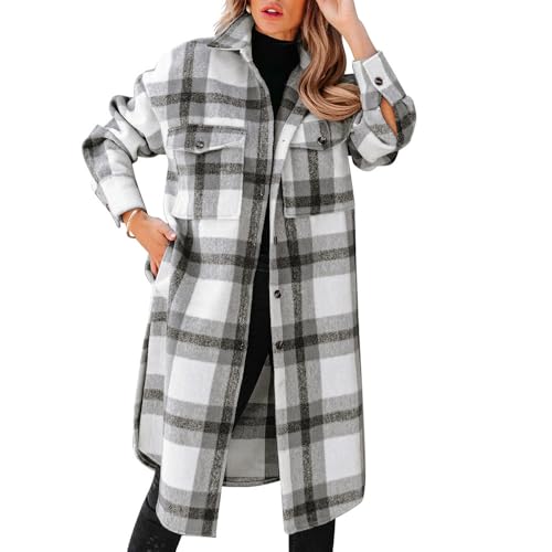 Long Flannel Jacket Women Plaid Shacket Jacket Button Down Casual Shirts Winter Wool Coat Outwear with Pockets