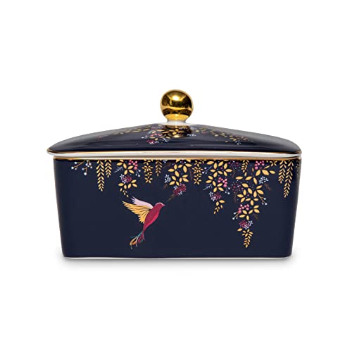 Portmeirion x Sara Miller London Butter Dish, Navy Blue Ceramic Butter Dish with Lid, 22ct Gold Detailing