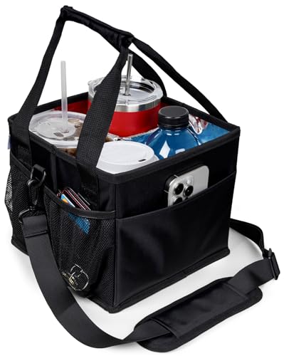 Savvy Lyfe Reusable Drink Carrier with Handle – Tip-Resistant 4 Cup Carrier with Shoulder Strap for Delivery – Insulated, Foldable, Adjustable Dividers – Portable Caddy Tote Bag, Drink Holder for Car