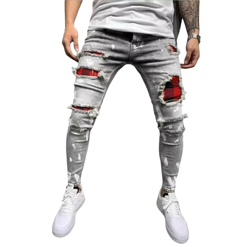 Jeans Pants Trouser Denim Punch Print Stretch Tight Street Trendy Small Leg for Men