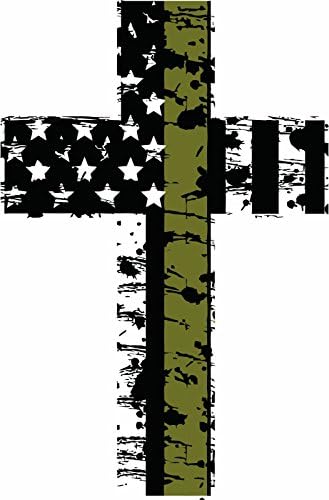 Evan Decals Thin Olive Drab line Distressed American Flag Military Cross Reflective Decal Vinyl Sticker 4"