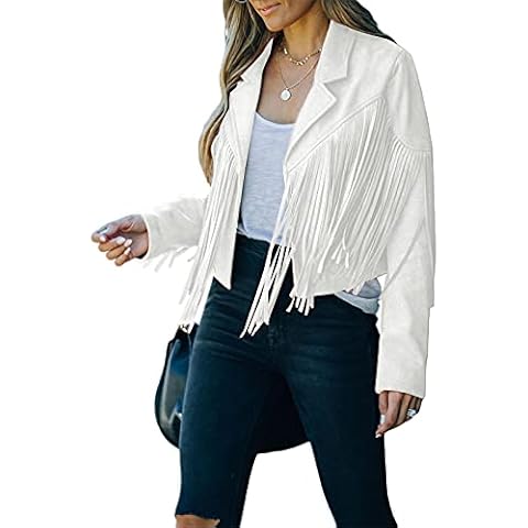 Fringe Jacket Women Long Sleeve Vintage Coats Open-Front Tassel Cardigan Casual Outerwear (M, White) Cover