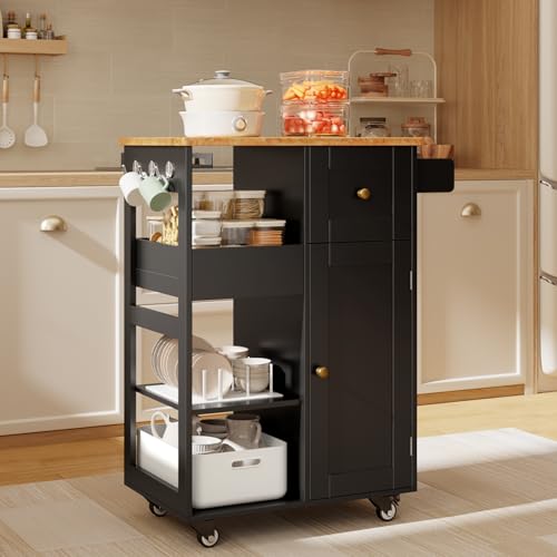 Gizoon Kitchen Island Cart on Wheels, with Thickened Wooden Countertop, Rolling Serving Utility Cart with Drawers and Doors, Bar Cart with Adjustable Shelf and Removable Tray for Dining Room, Black