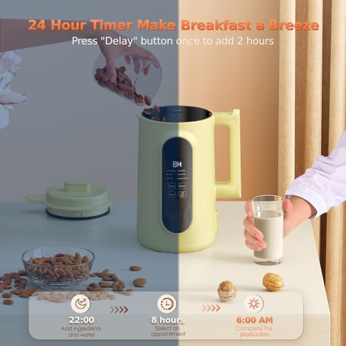 Nut Milk Maker Machine, 45oz Almond Milk Maker, Oat Milk Maker, Soy Milk Maker, Plant Based Milk Maker, Coconut, Cashew, Juice, Smoothies Non Dairy Beverages, Keep Warm, No Soaking, Auto-Clean, Yellow