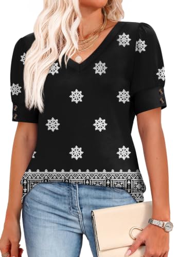 Image of OFEEFAN Womens Tops Short Sleeve Shirts Buttons V Neck Spring Fashion Summer Outfits Plus Size Blouses Dressy Casual