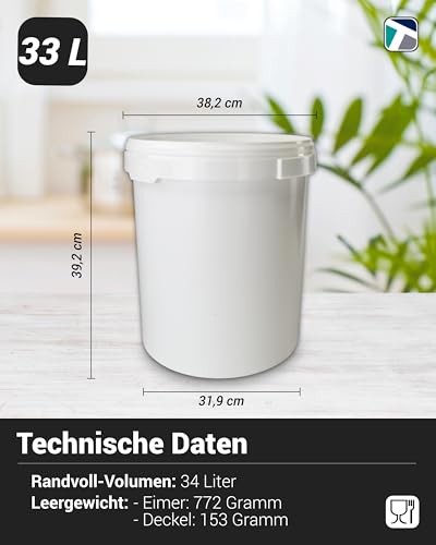 Trevendo 33 Liter Hobbock mit Deckel und Griffmulde, lebensmittelecht - luftdicht - stabil - stapelbar - Leereimer zur sicheren Lagerung inkl. Trevendo Beschriftungsetikett