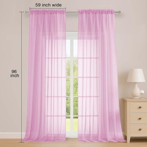 Image of OWENIE Extra Long Pink Sheer Curtains 96 Inches Long 2 Panels Set, Soft Lightweight Airy Voile Sheer Curtain for Bedroom Living Room, Rod Pocket Solid Color Farmhouse Curtains, 59 inch Wx96 L Inch