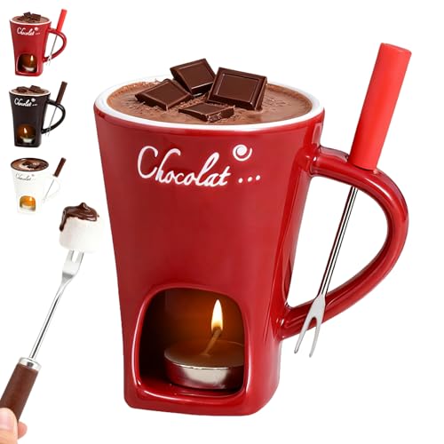 Chocolate Fondue Mug with Forks, Ceramic Chocolate Melting Cup Mini Cheese Melting Cup, Tealight Warmer Pot Set Fondue Mug for Butter Candy Caramel