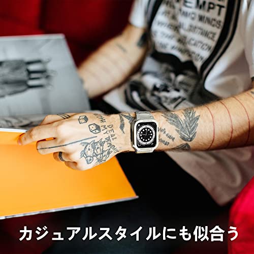 【2022改良モデル】 コンパチブル for Apple Watch バンド ステンレス ケースバンド 一体型 45mm Series 9/8/7に対応 メンズメタルベルト 耐久性 耐衝撃 調整簡単 長さ調整器具付き 45 mm シルバー