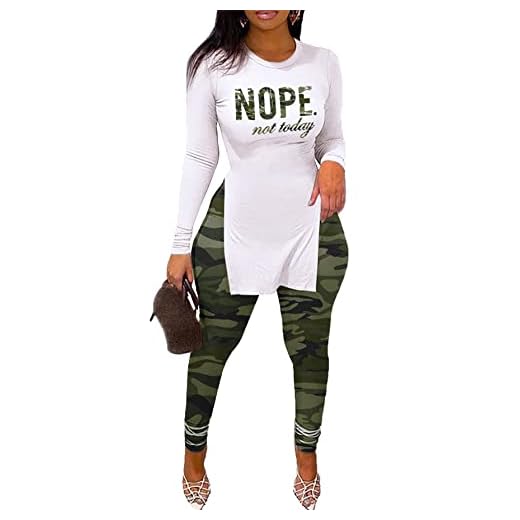 PINLI Women's Two Piece T-Shirt Print Slit Gradient Round Neck Tight Sexy Pants Set camouflage XL