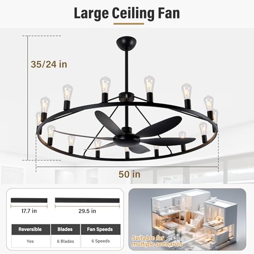 Miuyhji Rustic Ceiling Fan with Lights Wagon Wheel Style,Dining Room Light Fixture with Fan,15 Light Chandelier Fans,50 in Matte Black Farmhouse Fandelier for Large Space 100-300 Sqare Feet by Miuyhji - Used condition - Image 2
