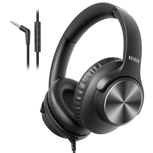 KVIDIO Wired Headphones with Mic, Volume & Playback Control, Over-Ear Foldable Headphones, 3.5mm Plug, 90° Swivel Ear Cups, 4.9ft Tangle-Free Cord for Tablet, Laptop, PC, School, Travel (Black)